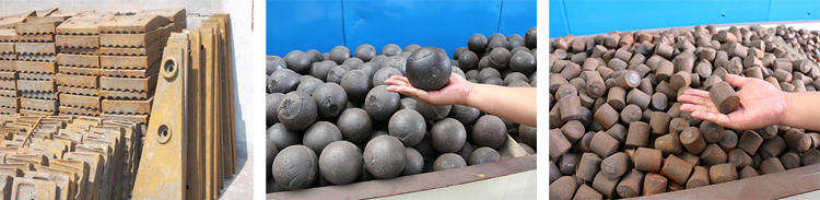 球磨機的易損件，左襯板，中鋼球，右鋼鍛